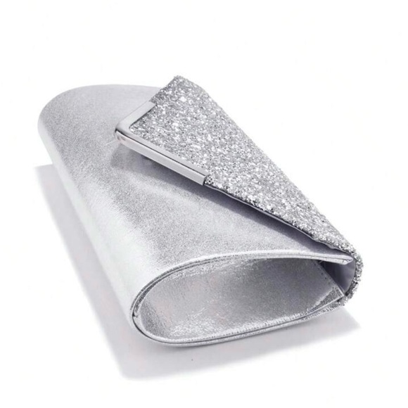 Silver Clutch Bag V Design Metal Chain Glitter Sequined Evening Bag - Picture 6 of 8